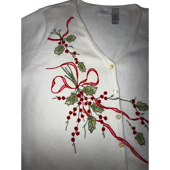 Vtg Liz Claiborne Coquette Christmas Cardigan Floral Red Bow Holiday Sweater Lg - Picture 3 of 4